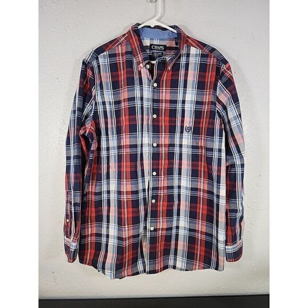 Men's Chaps Easy Care‎ Red Blue Long Sleeve Button Down Shirt Lg Colorful